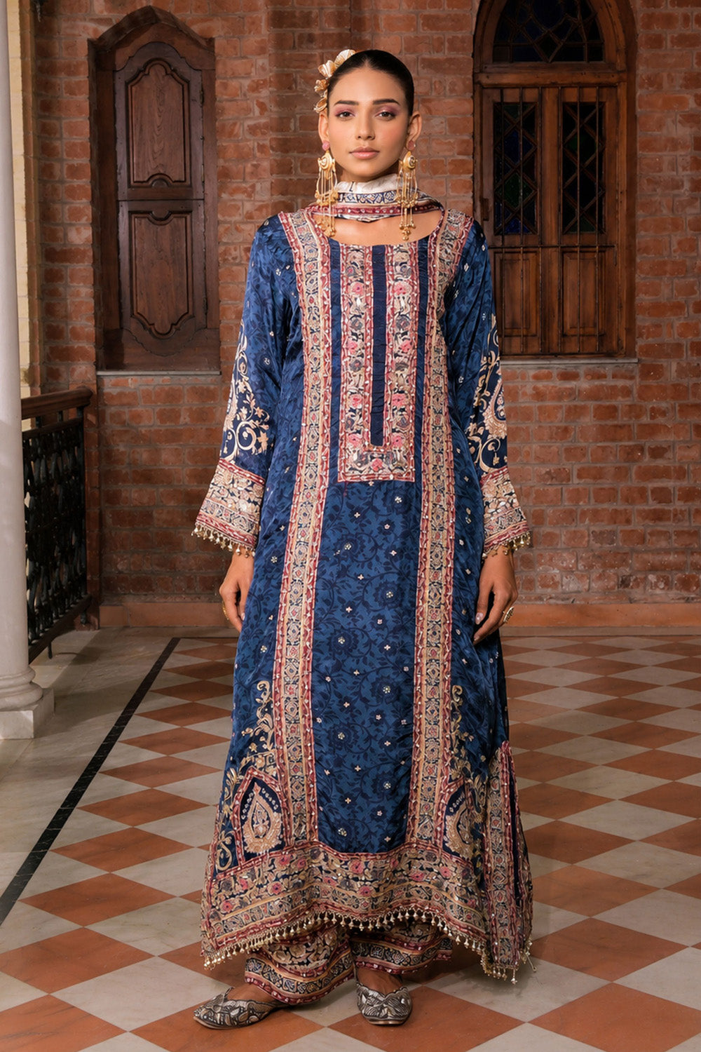 Royal Blue Crepe A Line Long Kurta Set With Dupatta
