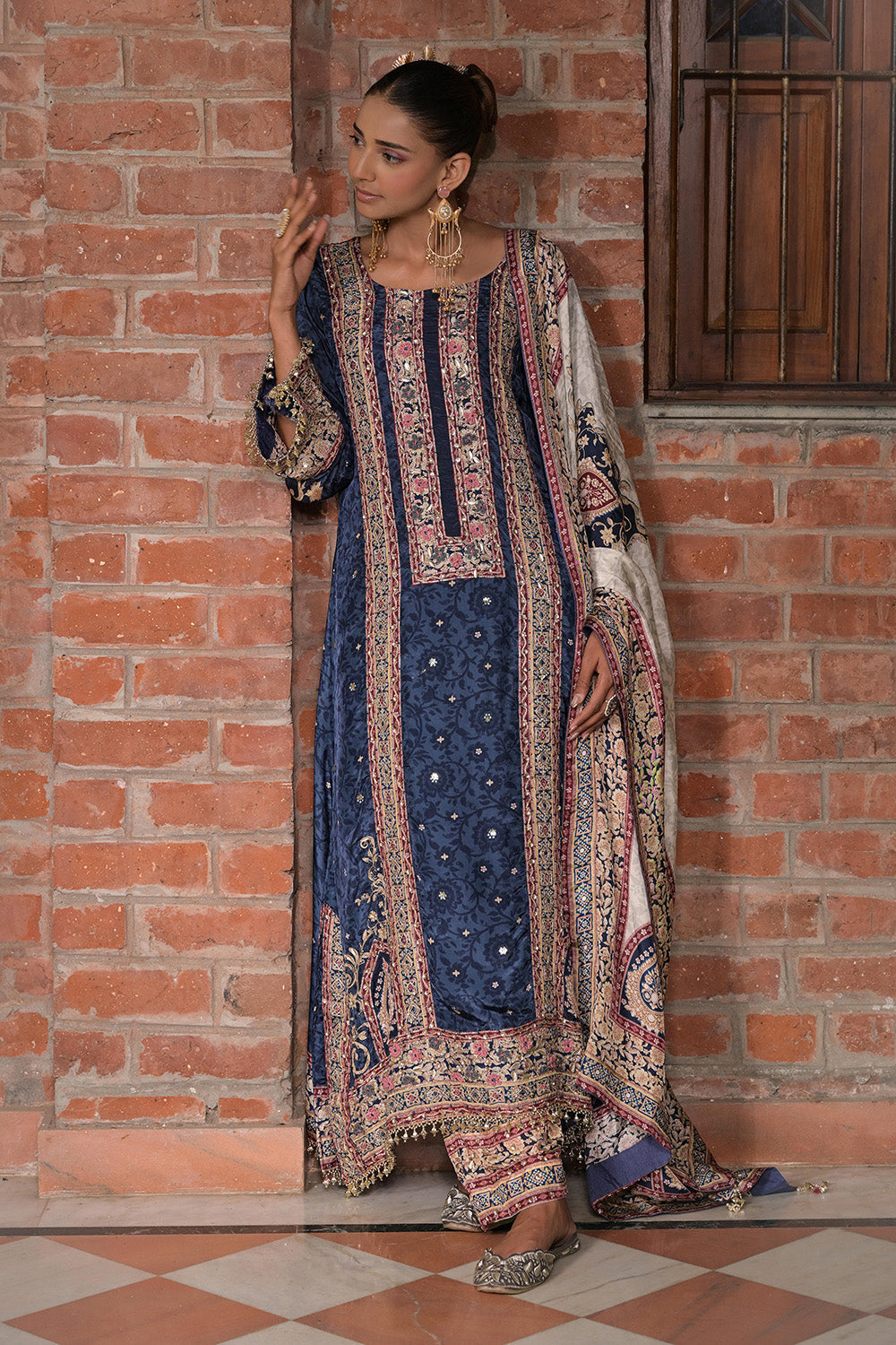 Royal Blue Crepe A Line Long Kurta Set With Dupatta