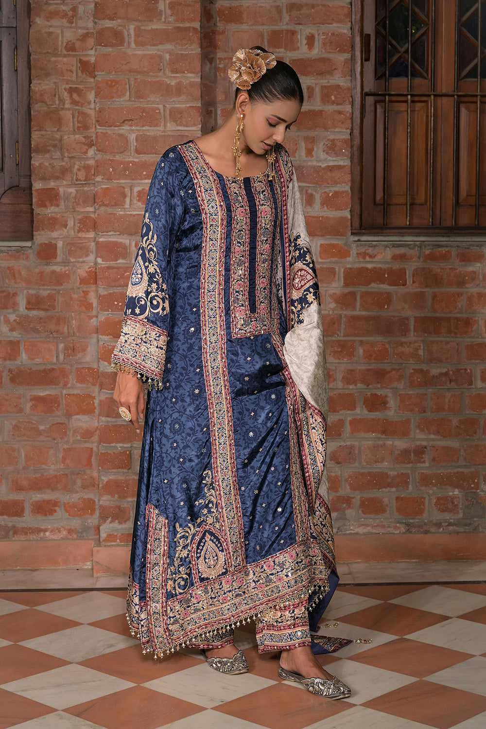 Royal Blue Crepe A Line Long Kurta Set With Dupatta