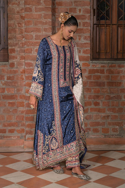 Royal Blue Crepe A Line Long Kurta Set With Dupatta