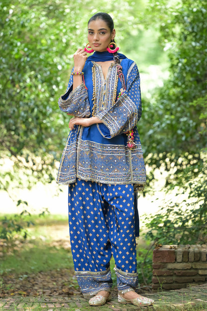 Royal Blue Solid Crepe Short Kurti With Farshi Pant Dupatta