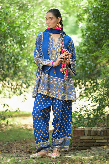 Royal Blue Solid Crepe Short Kurti With Farshi Pant Dupatta