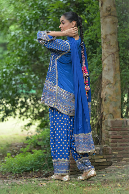 Royal Blue Solid Crepe Short Kurti With Farshi Pant Dupatta
