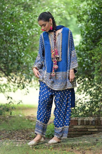 Royal Blue Solid Crepe Short Kurti With Farshi Pant Dupatta