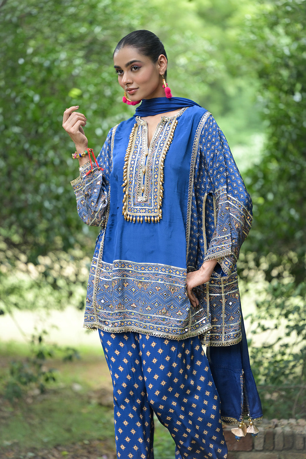 Royal Blue Solid Crepe Short Kurti With Farshi Pant Dupatta