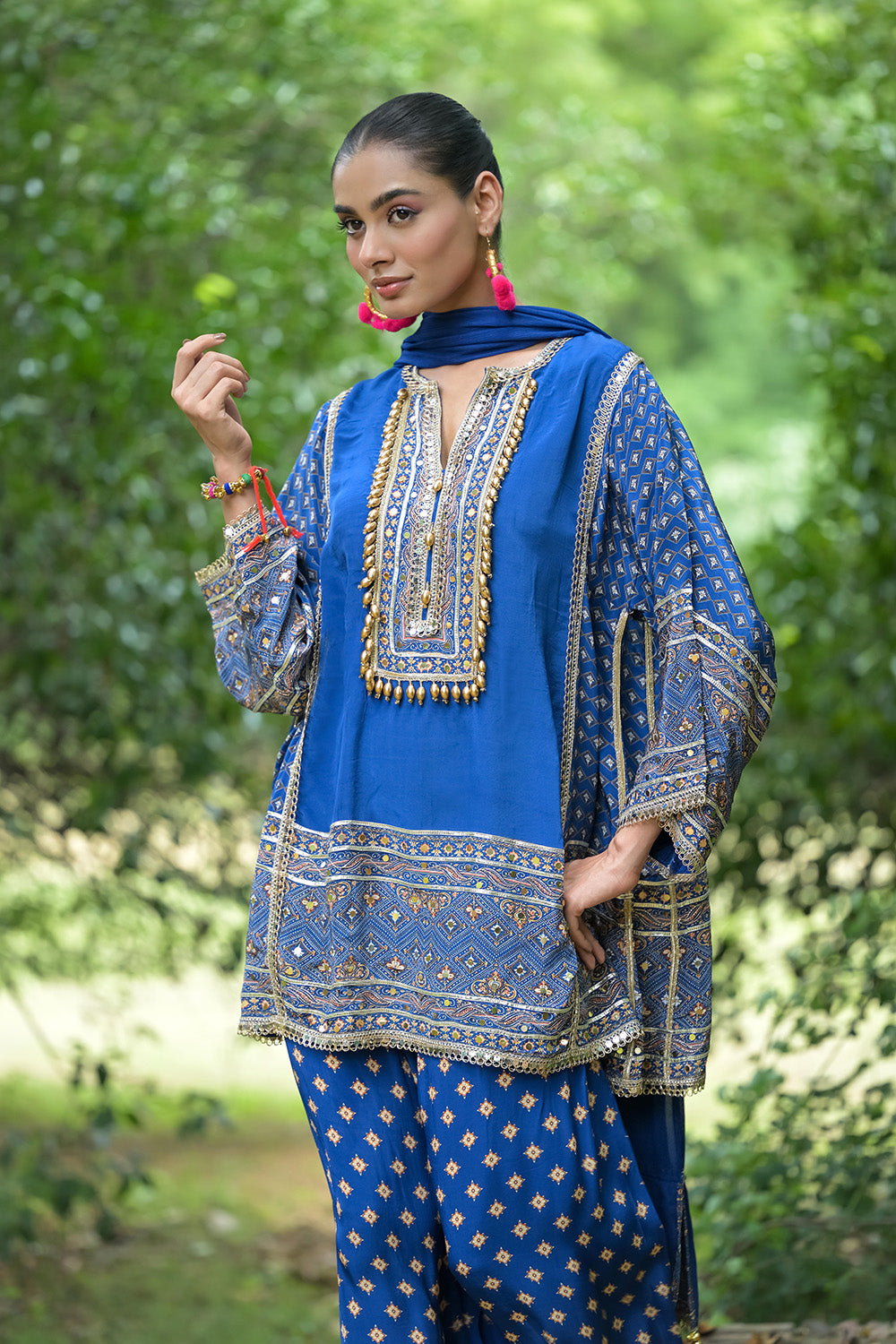 Royal Blue Solid Crepe Short Kurti With Farshi Pant Dupatta