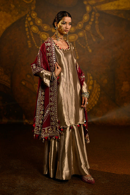 Royal Gold Banarsi Silk Tissue Sharara Set With Maroon Dupatta And Ornate Borders