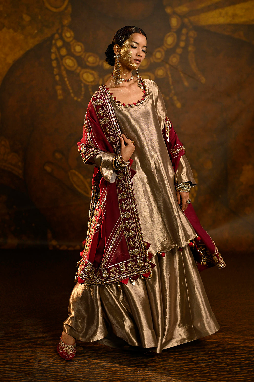 Royal Gold Banarsi Silk Tissue Sharara Set With Maroon Dupatta And Ornate Borders