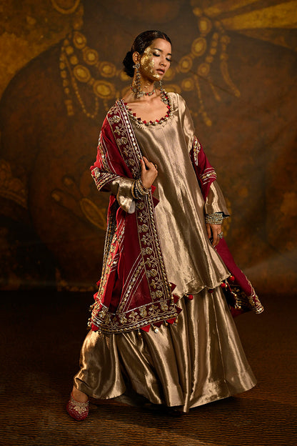 Royal Gold Banarsi Silk Tissue Sharara Set With Maroon Dupatta And Ornate Borders