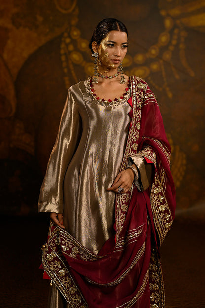 Royal Gold Banarsi Silk Tissue Sharara Set With Maroon Dupatta And Ornate Borders