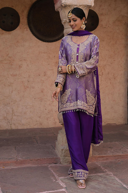 Royal Purple Brocade Kurti Pant Set Designer Party Outfit