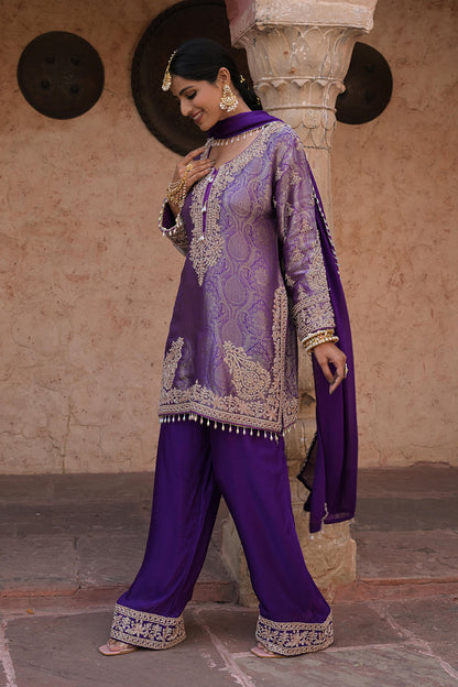 Royal Purple Brocade Kurti Pant Set Designer Party Outfit