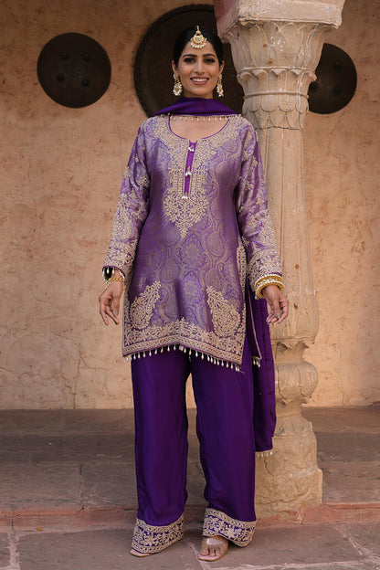 Royal Purple Brocade Kurti Pant Set Designer Party Outfit
