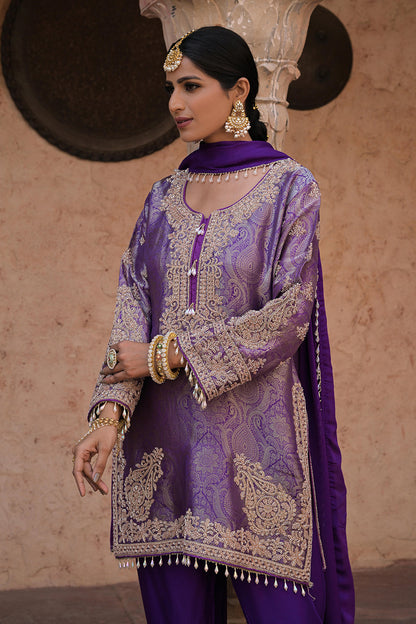 Royal Purple Brocade Kurti Pant Set Designer Party Outfit