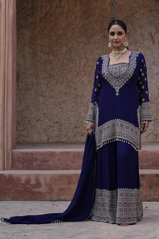 Royal Purple Georgette Beads Embroidered Kurta Palazzo Set