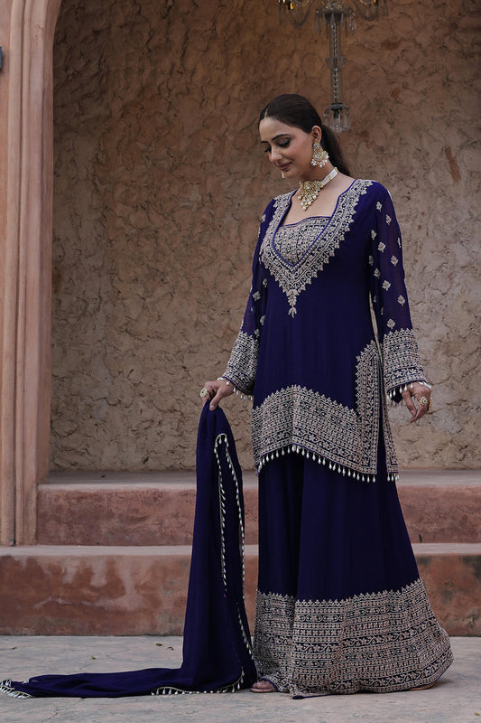 Royal Purple Georgette Beads Embroidered Kurta Palazzo Set