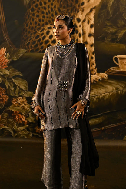 Silver Grey Banarsi Silk Tissue Brocade Kurta Set With Black Dupatta And Rich Borders