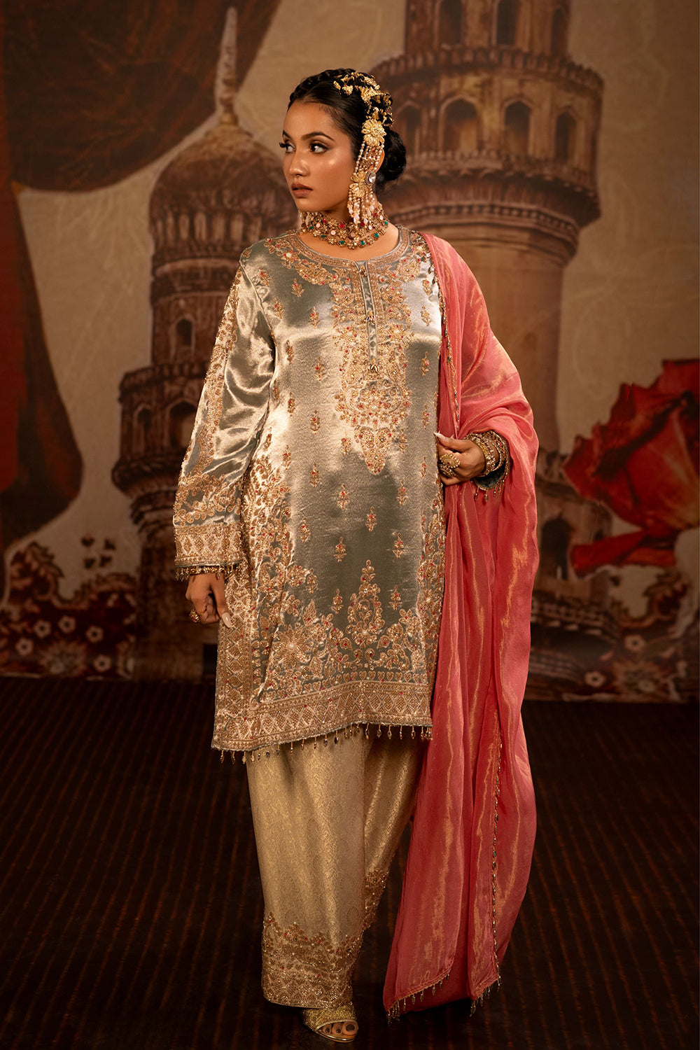 Silver Grey Banarsi Silk Tissue Kurta Set With Coral Pink Dupatta And Detailing