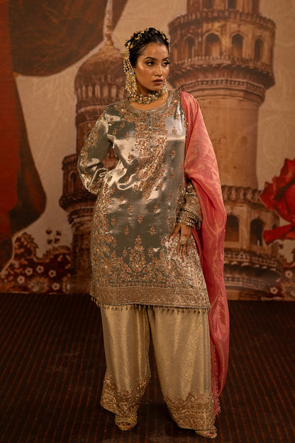 Silver Grey Banarsi Silk Tissue Kurta Set With Coral Pink Dupatta And Detailing