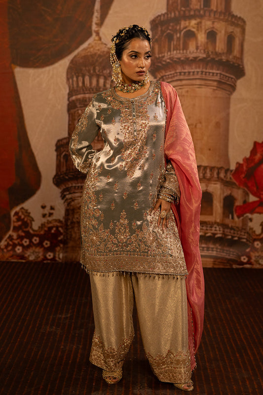 Silver Grey Banarsi Silk Tissue Kurta Set With Coral Pink Dupatta And Detailing