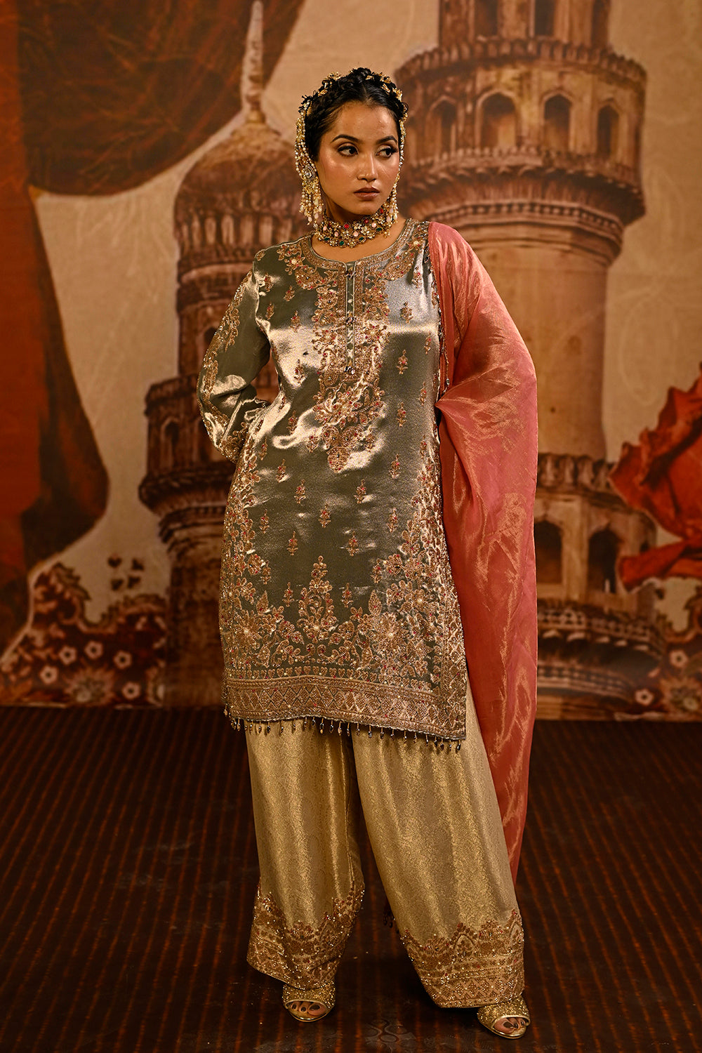Silver Grey Banarsi Silk Tissue Kurta Set With Coral Pink Dupatta And Detailing