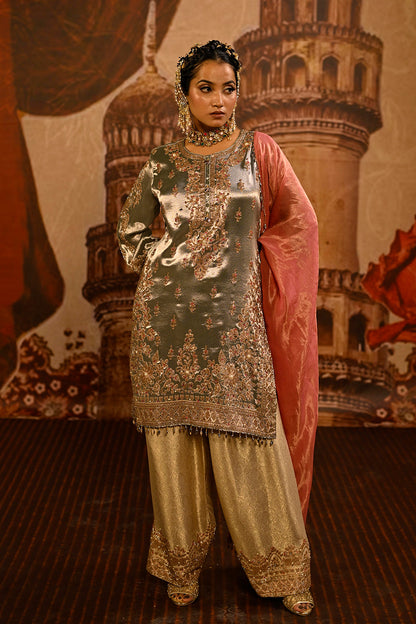 Silver Grey Banarsi Silk Tissue Kurta Set With Coral Pink Dupatta And Detailing