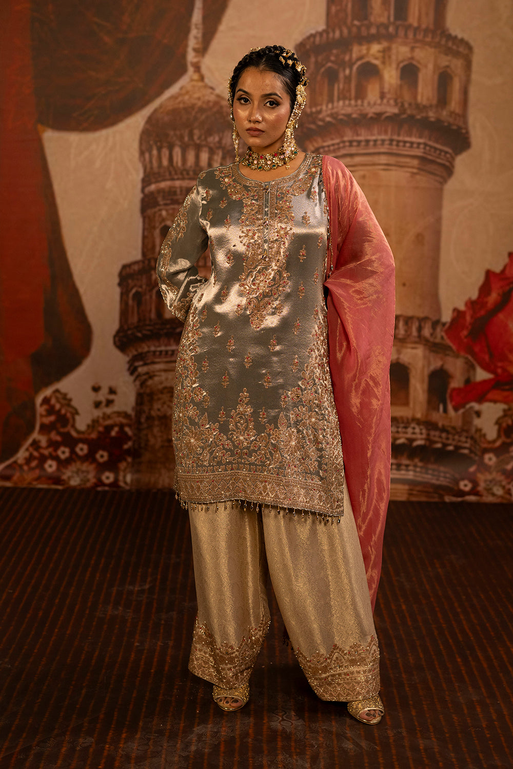 Silver Grey Banarsi Silk Tissue Kurta Set With Coral Pink Dupatta And Detailing
