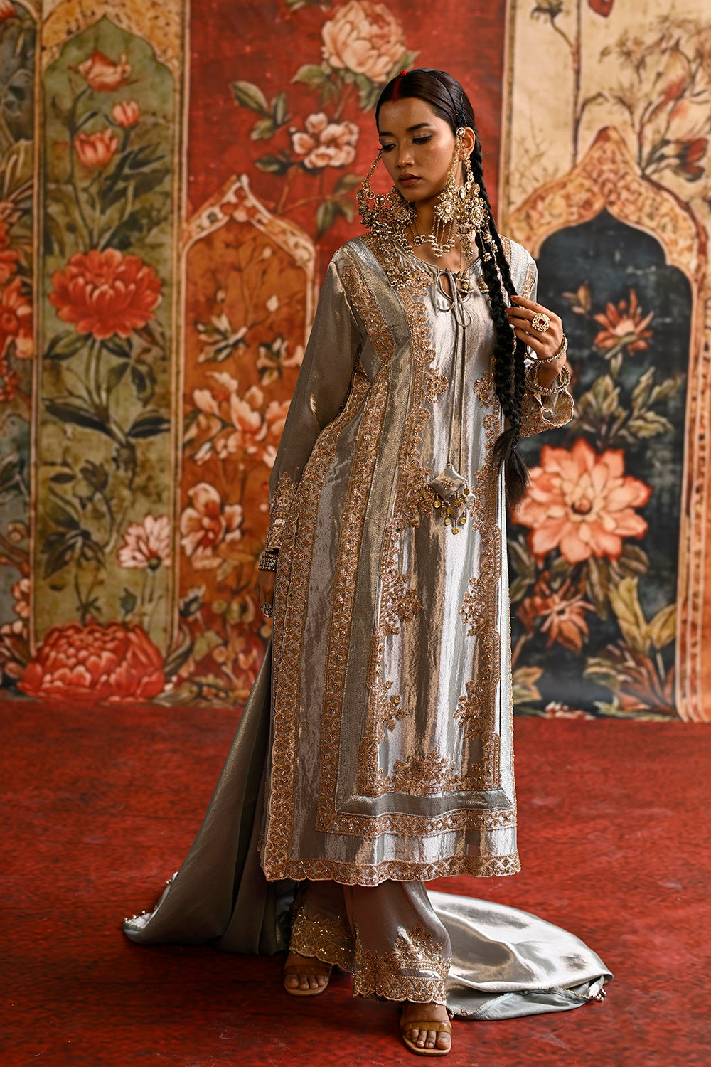 Silver Grey Banarsi Silk Tissue Kurta Set With Ornate Borders And Coordinated Dupatta