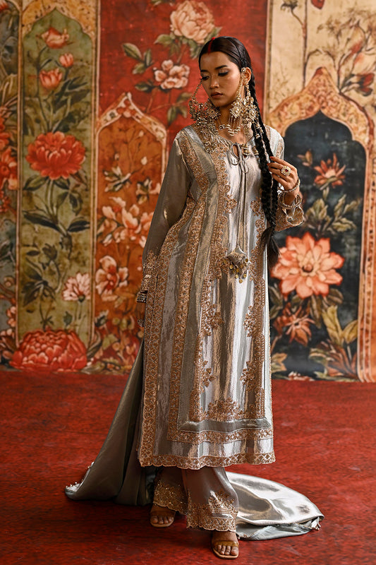 Silver Grey Banarsi Silk Tissue Kurta Set With Ornate Borders And Coordinated Dupatta
