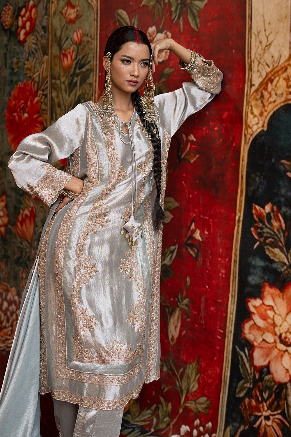 Silver Grey Banarsi Silk Tissue Kurta Set With Ornate Borders And Coordinated Dupatta