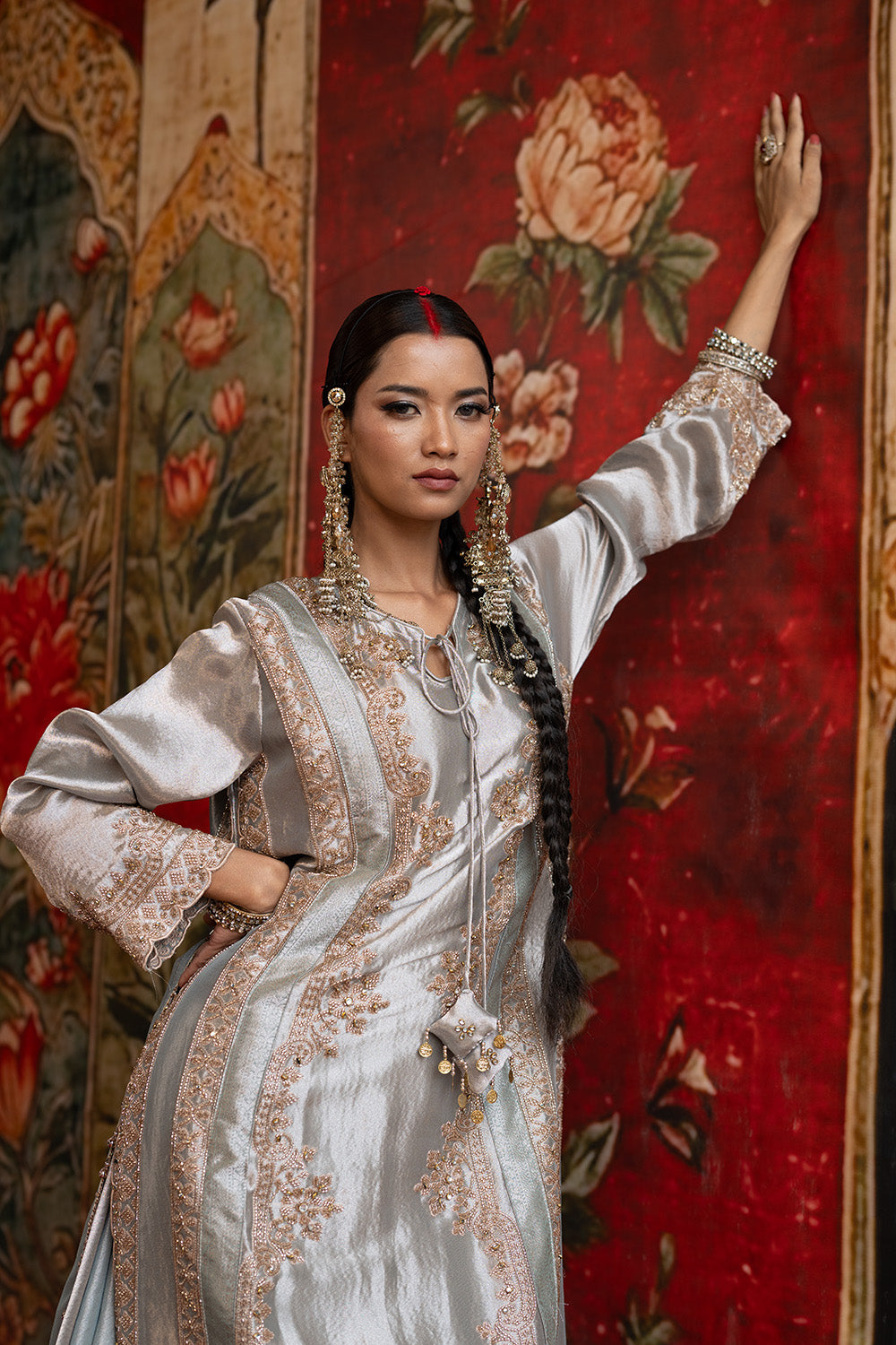 Silver Grey Banarsi Silk Tissue Kurta Set With Ornate Borders And Coordinated Dupatta