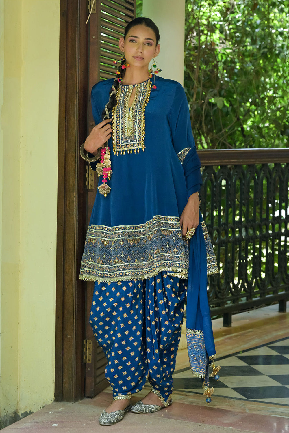 Teal Blue Solid Crepe Short Kurti With Dhoti Style Pants