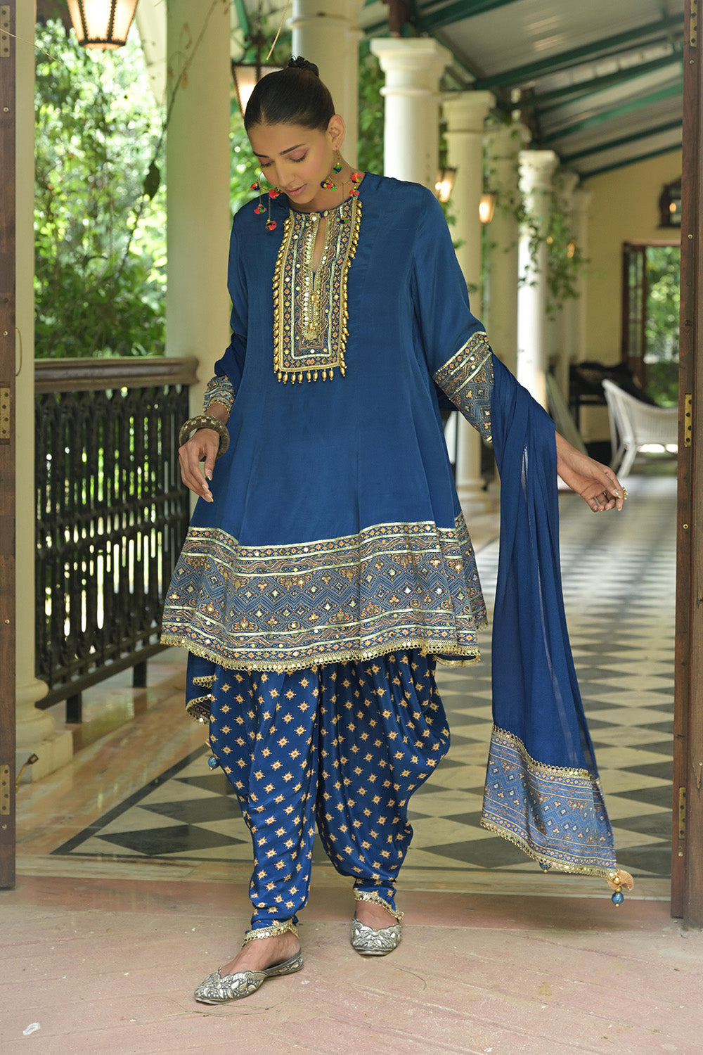 Teal Blue Solid Crepe Short Kurti With Dhoti Style Pants