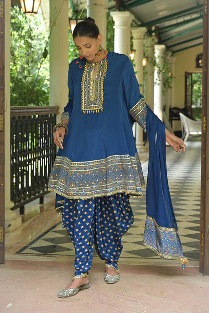 Teal Blue Solid Crepe Short Kurti With Dhoti Style Pants