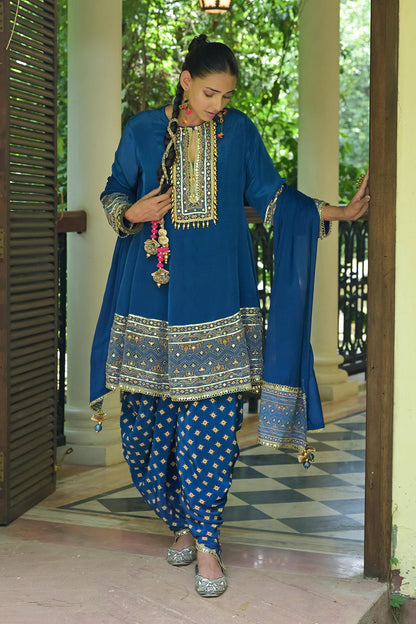 Teal Blue Solid Crepe Short Kurti With Dhoti Style Pants