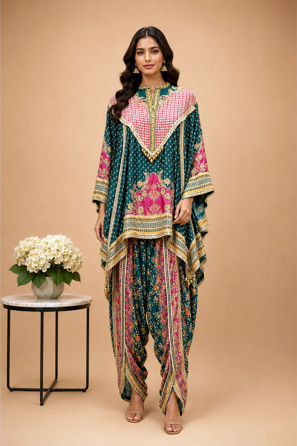 Teal Green Crepe Draped Kurta With Printed Patiala Pants Detailing