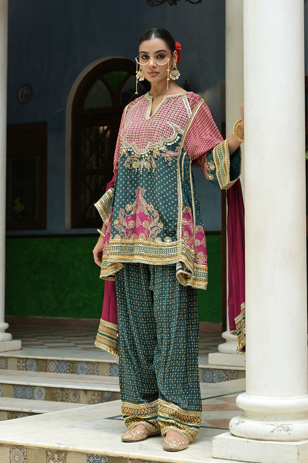 Teal Green Crepe Short Kurta With Printed Farshi Pants Dupatta