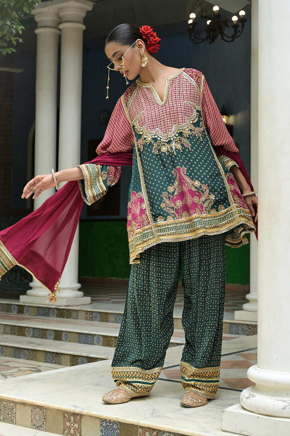 Teal Green Crepe Short Kurta With Printed Farshi Pants Dupatta
