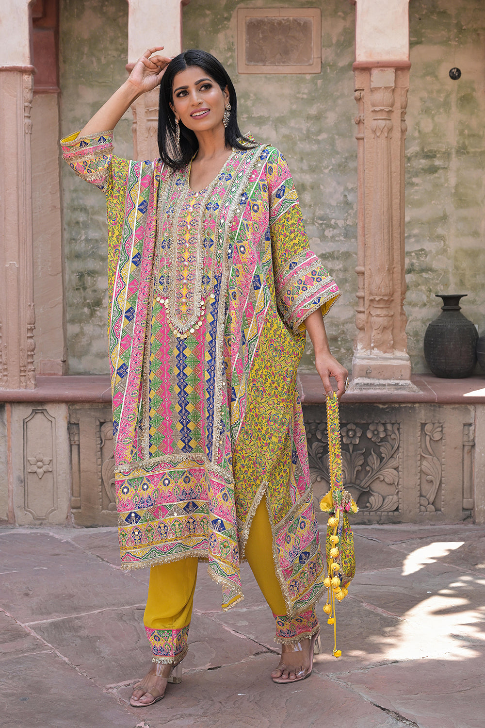 Yellow Crepe Kaftan Pant Set Designer Traditional Festive Look