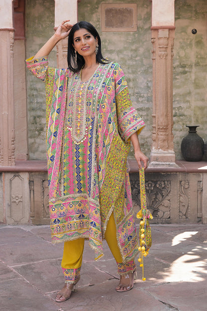 Yellow Crepe Kaftan Pant Set Designer Traditional Festive Look