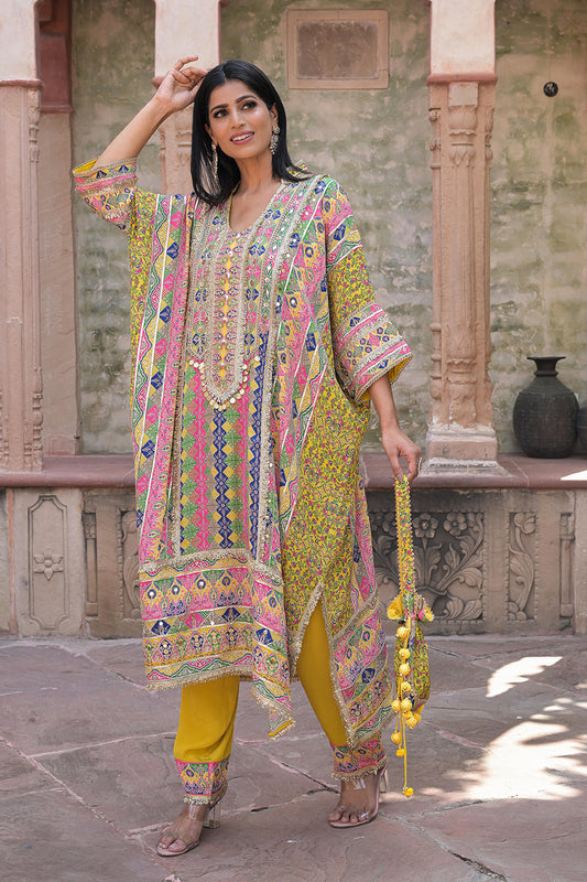 Yellow Crepe Kaftan Pant Set Designer Traditional Festive Look
