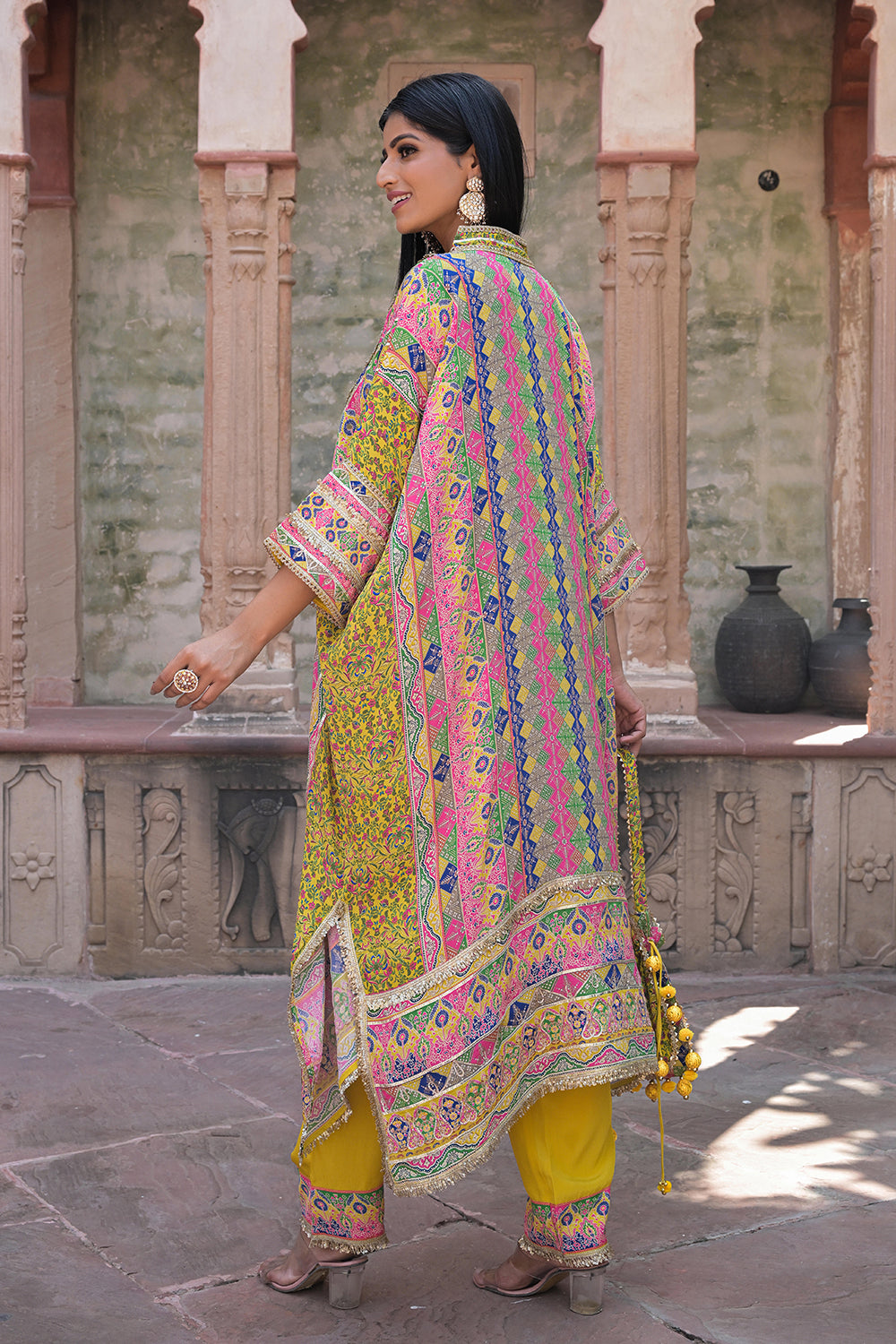 Yellow Crepe Kaftan Pant Set Designer Traditional Festive Look