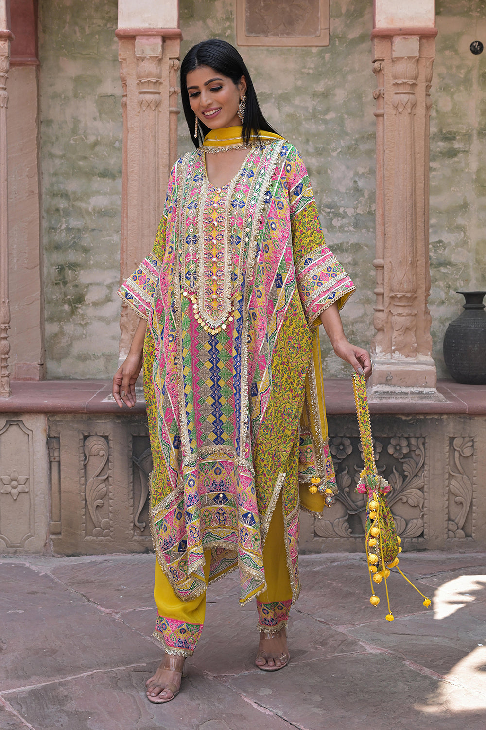 Yellow Crepe Kaftan Pant Set Designer Traditional Festive Look