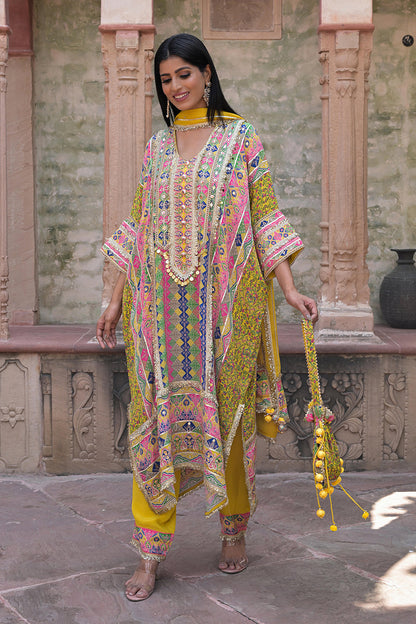 Yellow Crepe Kaftan Pant Set Designer Traditional Festive Look