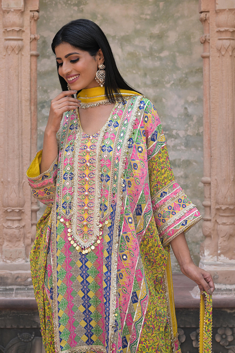 Yellow Crepe Kaftan Pant Set Designer Traditional Festive Look