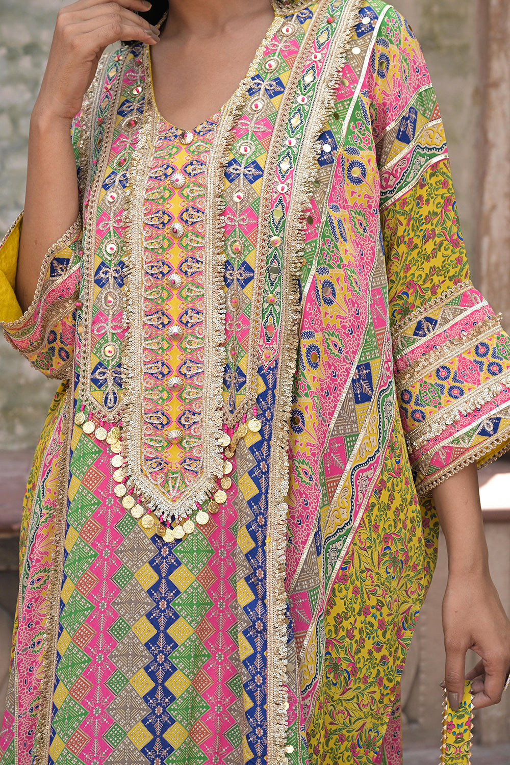 Yellow Crepe Kaftan Pant Set Designer Traditional Festive Look