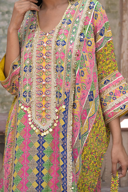 Yellow Crepe Kaftan Pant Set Designer Traditional Festive Look