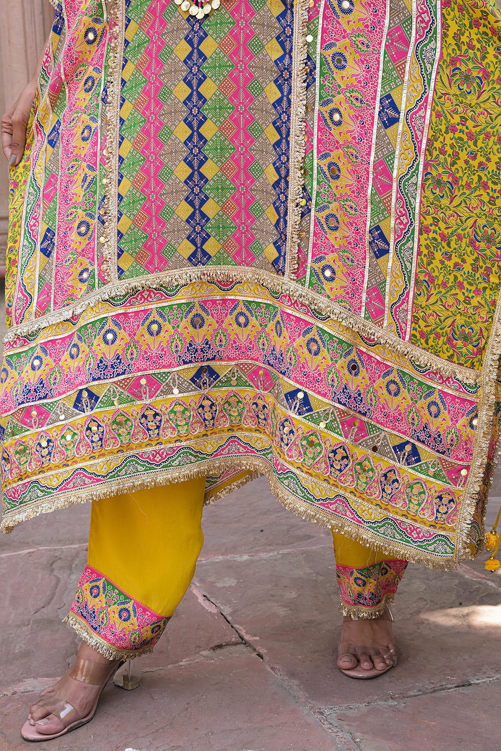 Yellow Crepe Kaftan Pant Set Designer Traditional Festive Look